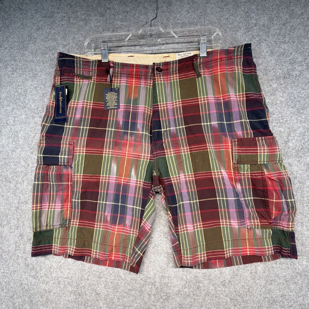 Polo Ralph Lauren Mens Multicolor Plaid Cargo Shorts Drill Khaki Cotton 40